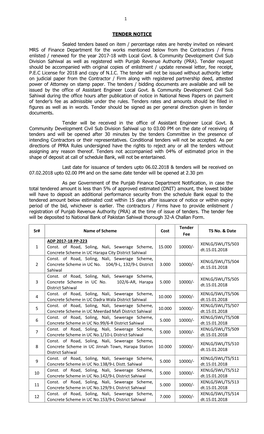 1 TENDER NOTICE Sealed Tenders Based on Item / Percentage Rates Are Hereby Invited on Relevant MRS of Finance Department For