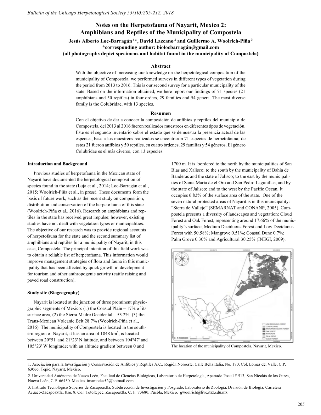 Amphibians and Reptiles of the Municipality of Compostela Jesús Alberto Loc-Barragán 1*, David Lazcano 2 and Guillermo A