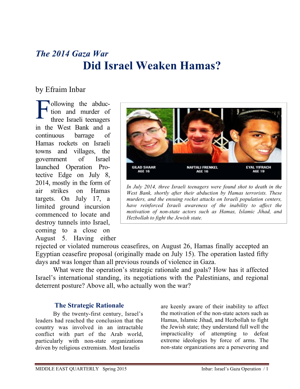 Did Israel Weaken Hamas? by Efraim Inbar