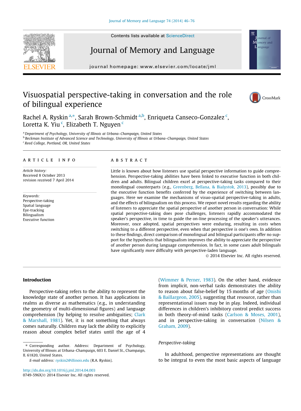 Visuospatial Perspective-Taking in Conversation and the Role of Bilingual Experience ⇑ Rachel A