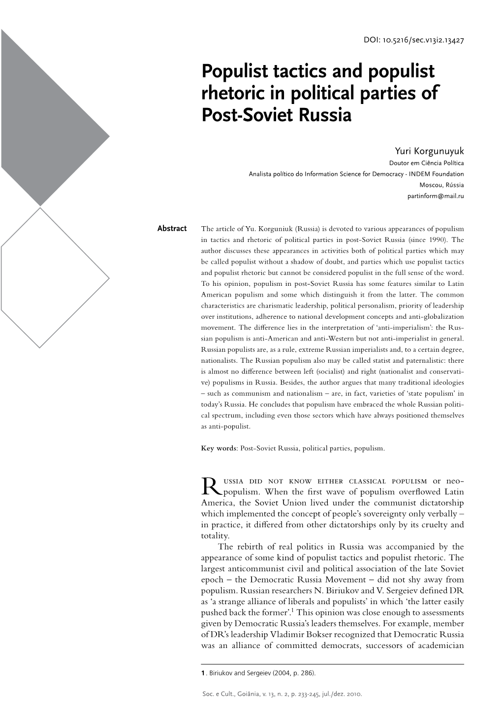 Populist Tactics and Populist Rhetoric in Political Parties of Post-Soviet Russia