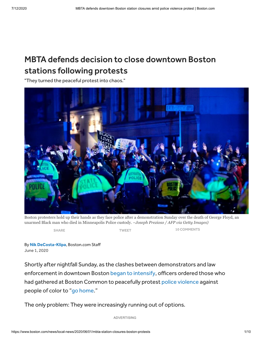 MBTA Defends Decision to Close Downtown Boston Stations Following Protests 