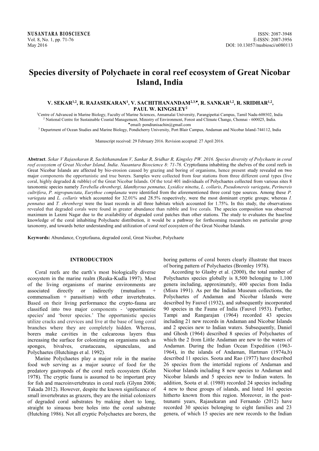 Species Diversity of Polychaete in Coral Reef Ecosystem of Great Nicobar Island, India