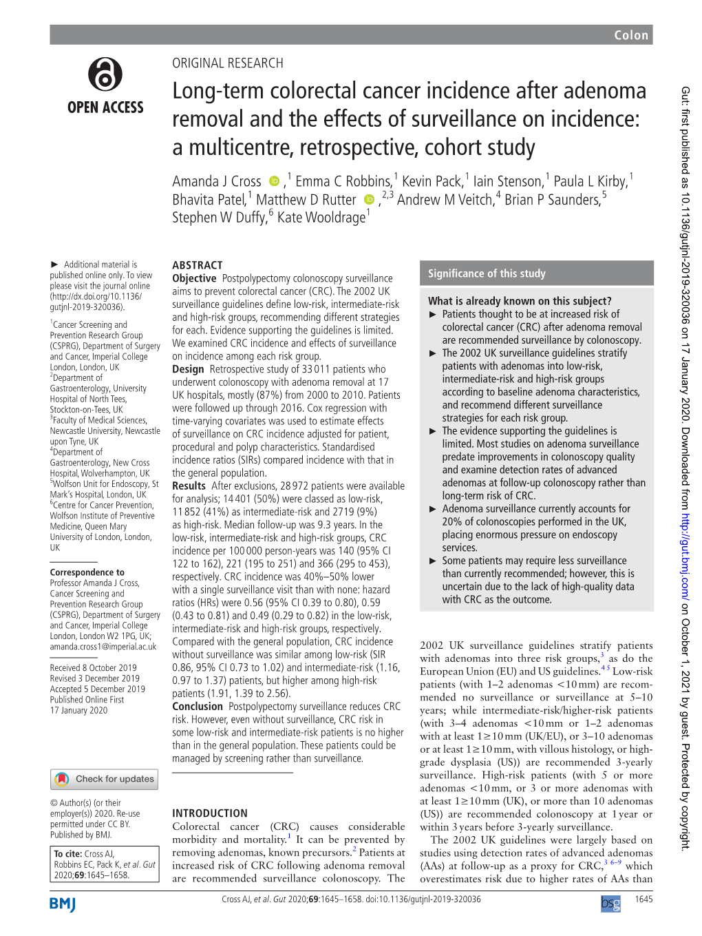 Long-Term Colorectal Cancer Incidence After Adenoma Removal and the Effects of Surveillance on Incidence