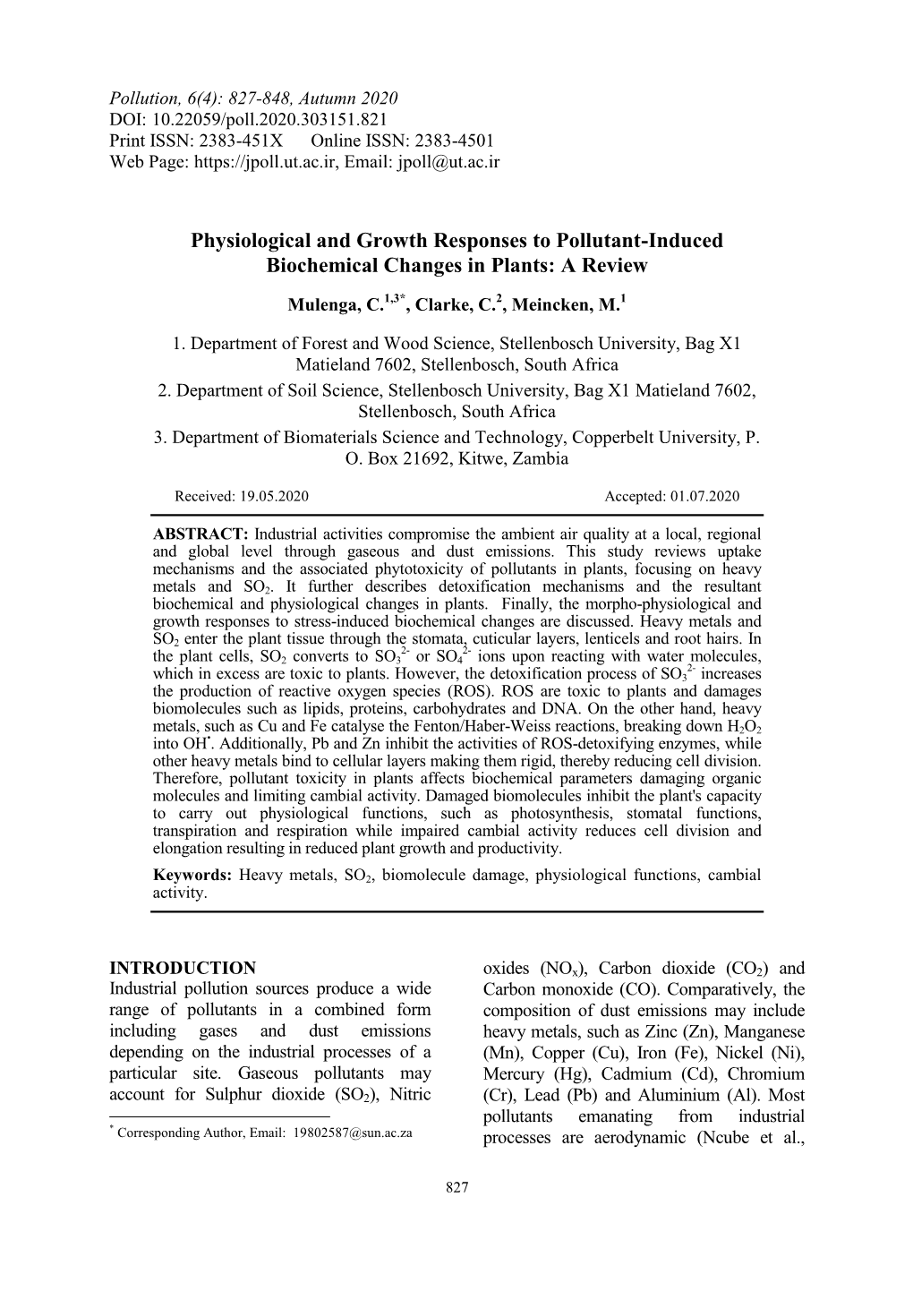 Physiological and Growth Responses to Pollutant-Induced Biochemical Changes in Plants: a Review