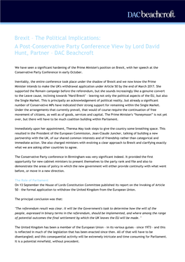 Brexit – the Political Implications: a Post-Conservative Party Conference View by Lord David Hunt, Partner – DAC Beachcroft