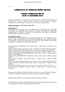 Communauté De Communes Rhône Crussol Conseil Communautaire Du Jeudi 14 Novembre 2019