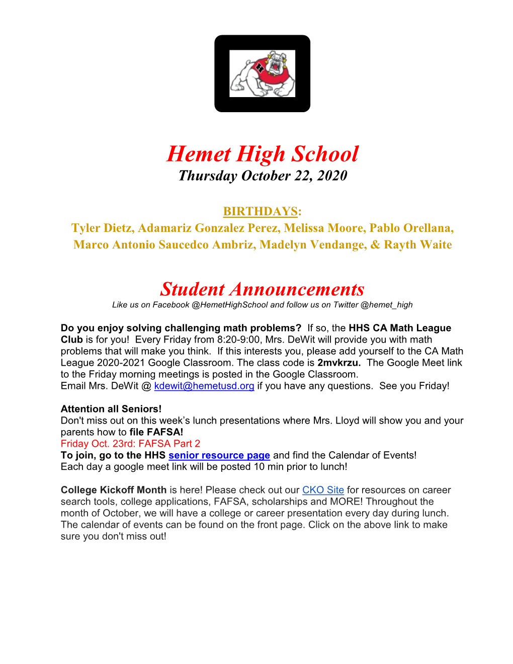 Hemet High School Thursday October 22, 2020