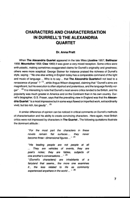 Characters and Characterisation in Durrell's the Alexandria Quartet