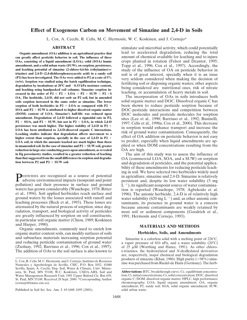 Effect of Exogenous Carbon on Movement of Simazine.Pdf