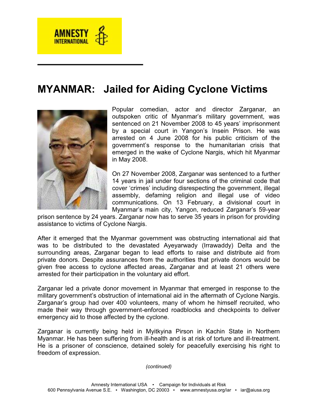 MYANMAR: Jailed for Aiding Cyclone Victims