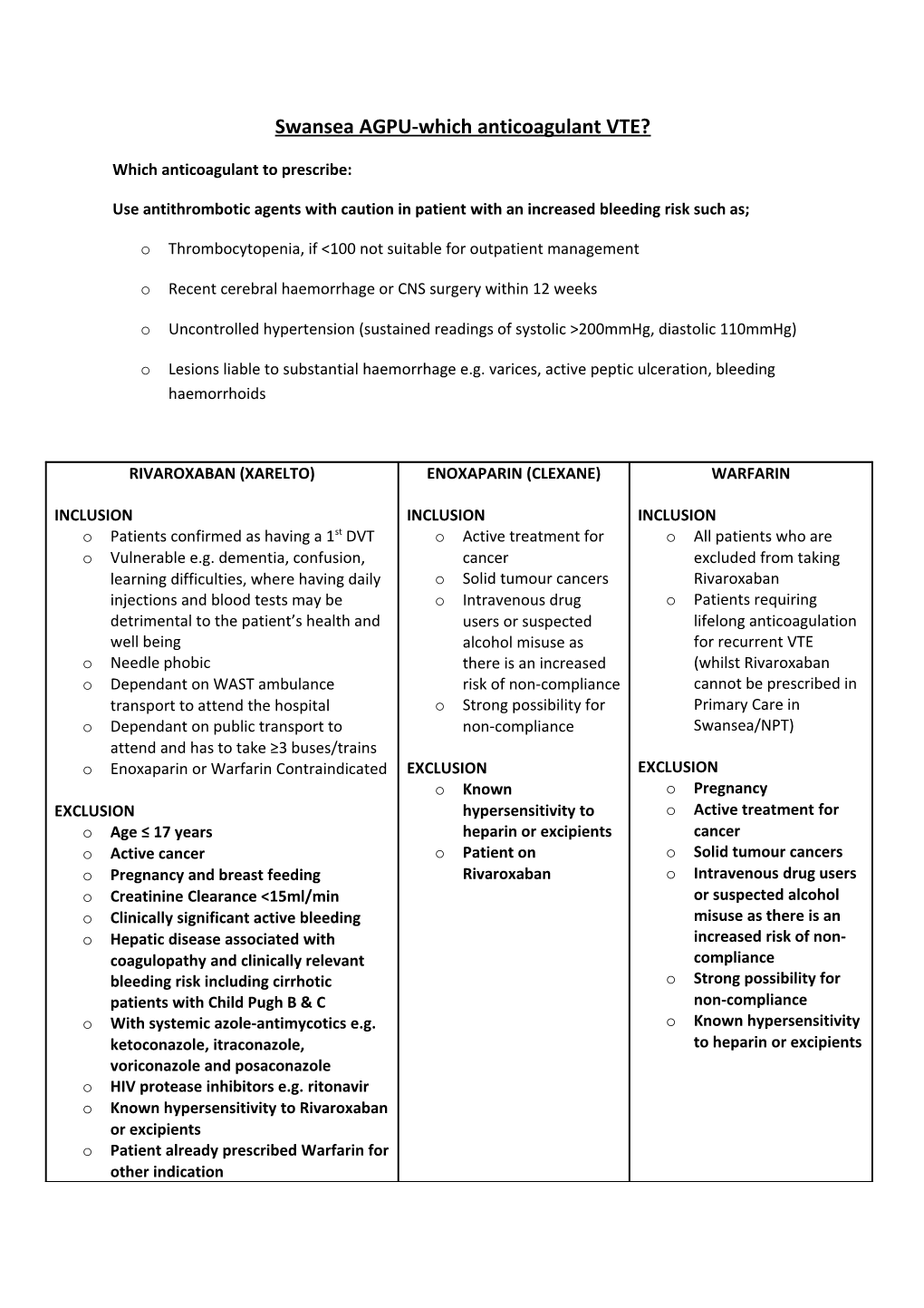 Swansea AGPU-Which Anticoagulant VTE