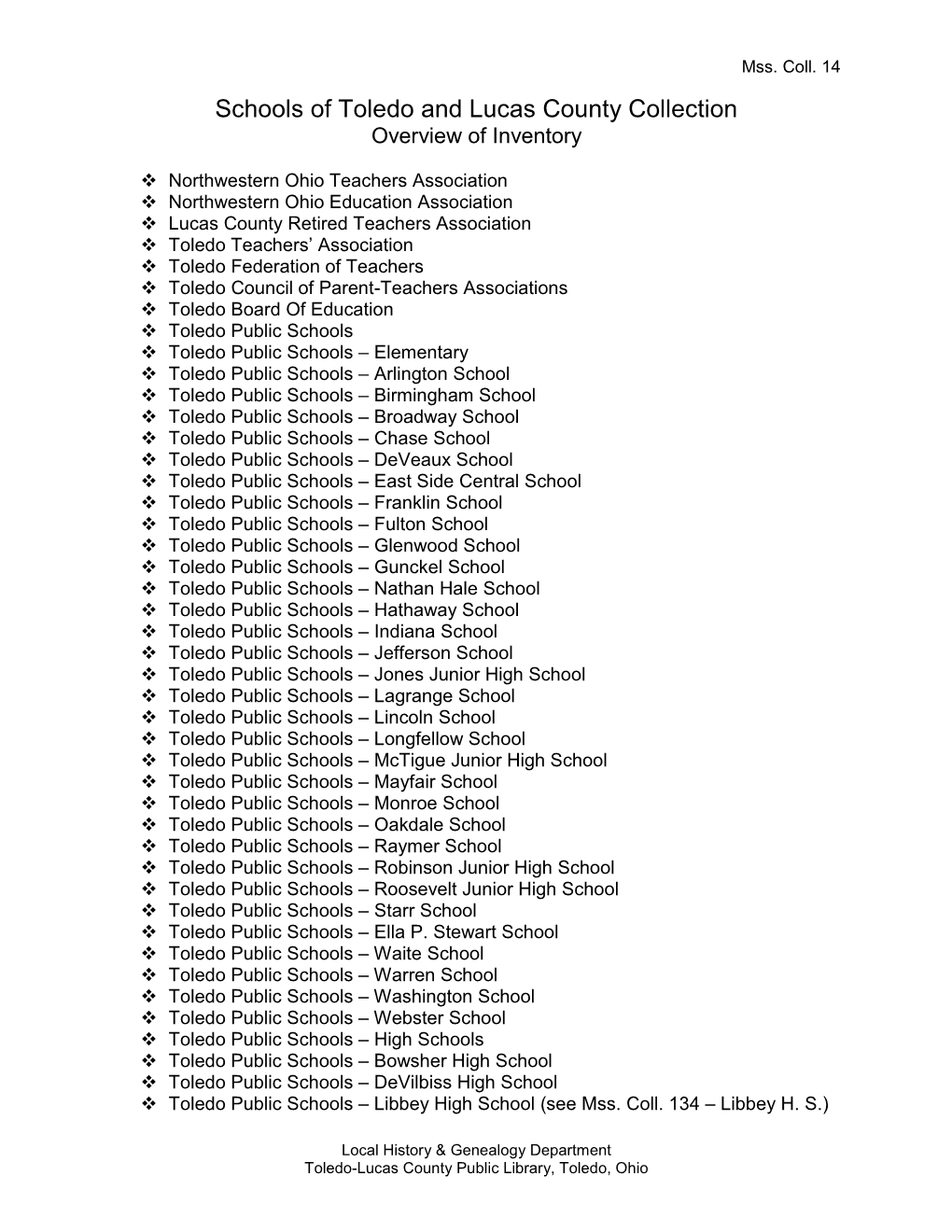 Schools of Toledo and Lucas County Collection Overview of Inventory