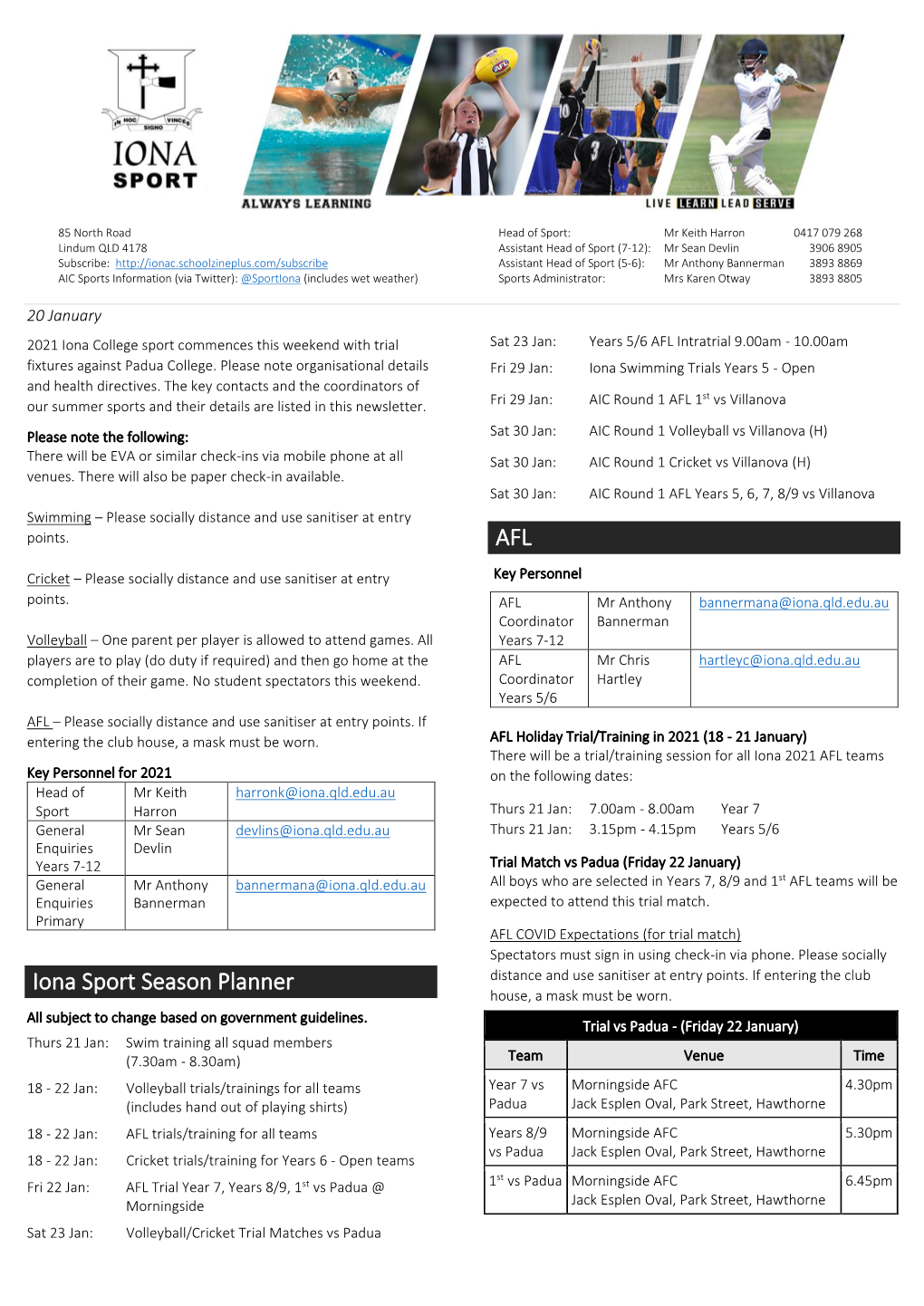 Iona Sport Season Planner Distance and Use Sanitiser at Entry Points