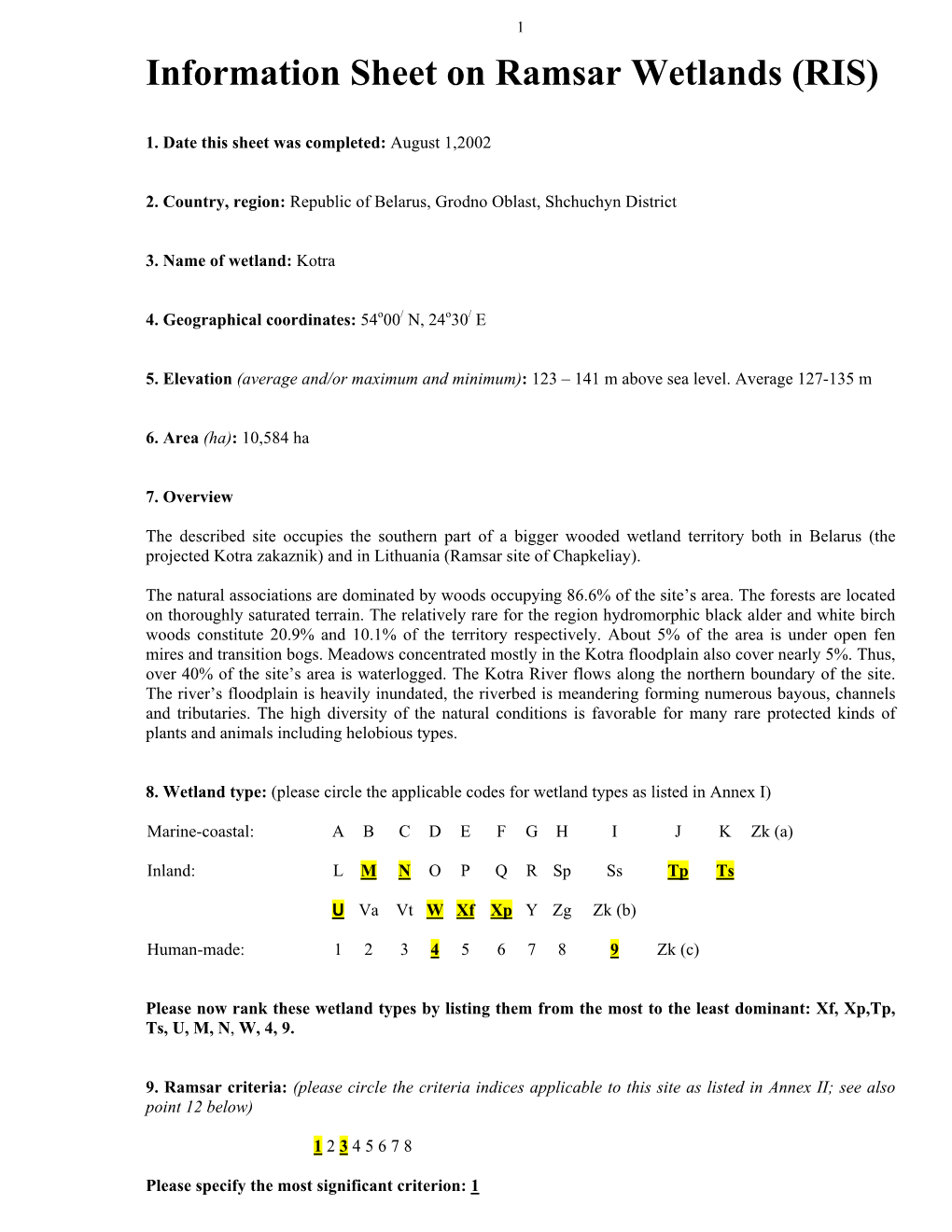 Information Sheet on Ramsar Wetlands (RIS)