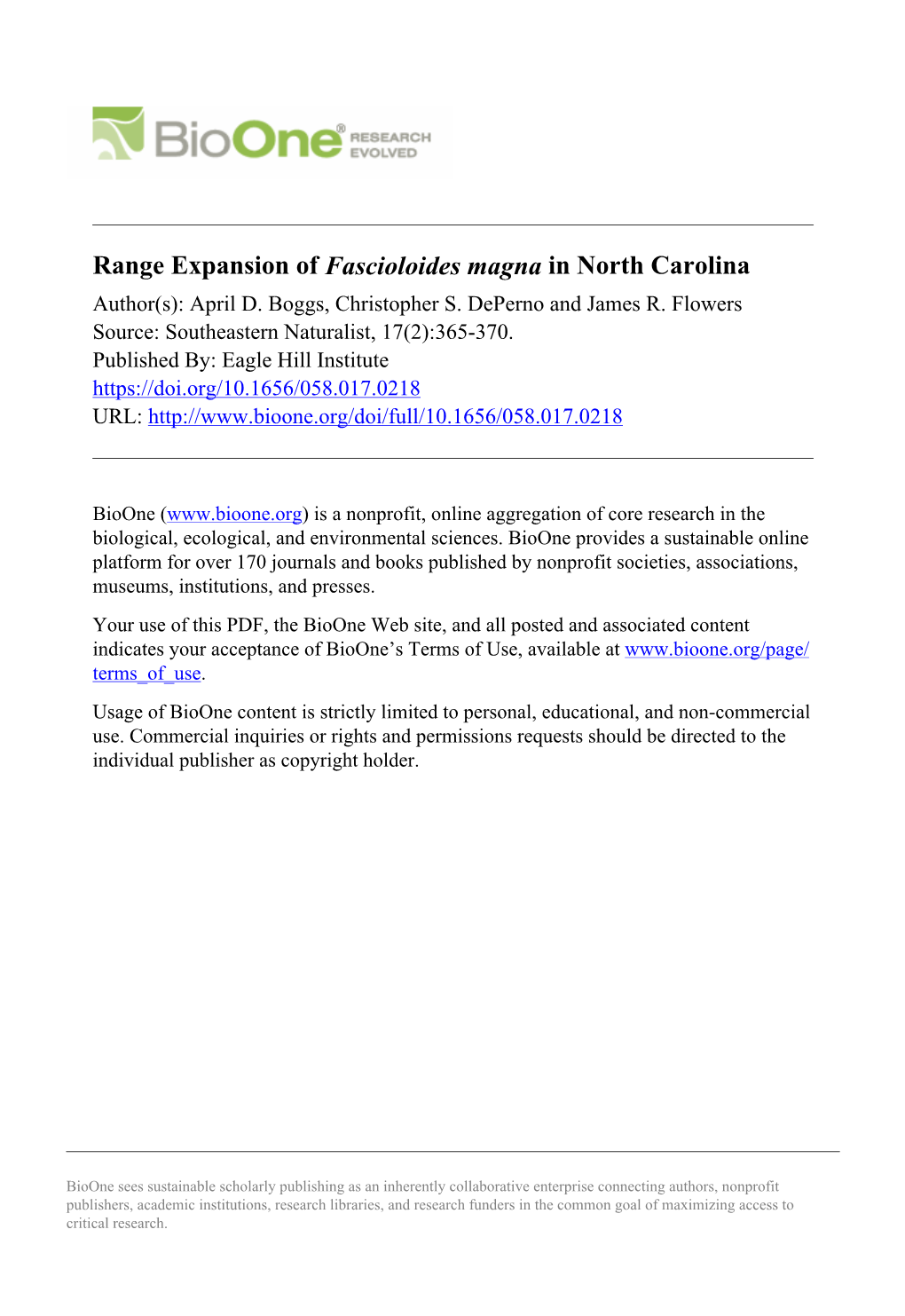 Range Expansion of Fascioloides Magna in North Carolina Author(S): April D