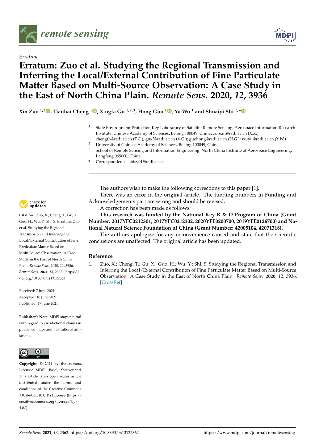 Erratum: Zuo Et Al. Studying the Regional Transmission and Inferring the Local/External Contribution of Fine Particulate Matter