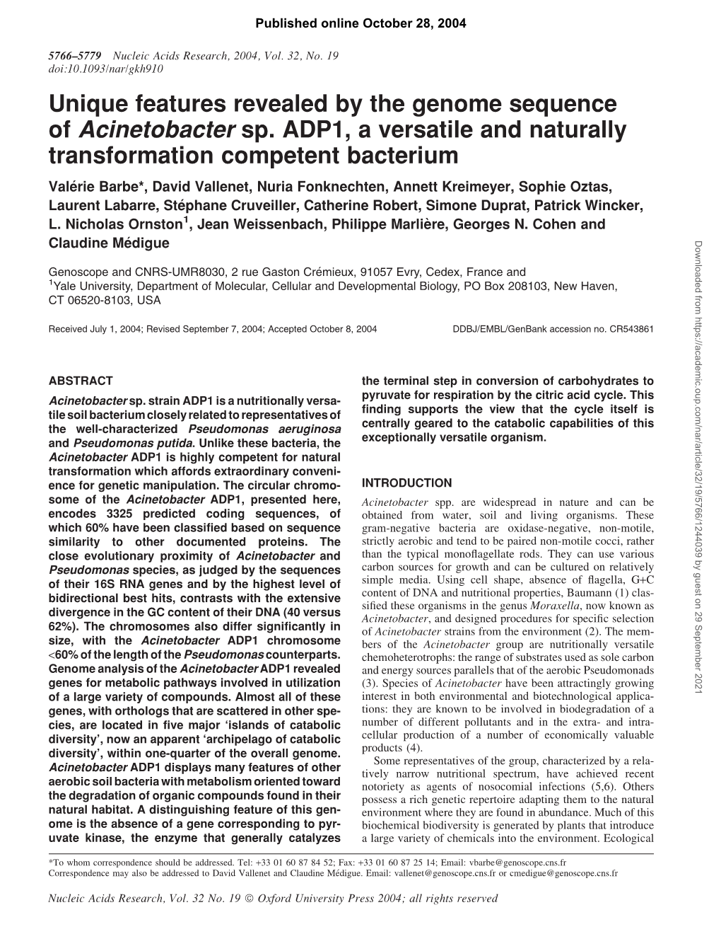 Unique Features Revealed by the Genome Sequence of Acinetobacter Sp