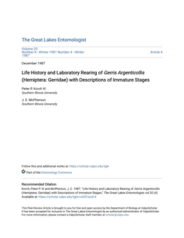 Life History and Laboratory Rearing of Gerris Argenticollis (Hemiptera: Gerridae) with Descriptions of Immature Stages