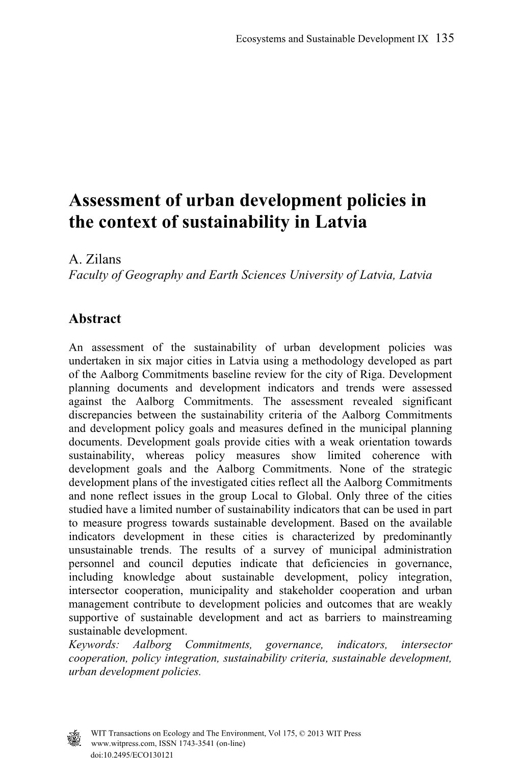 Assessment of Urban Development Policies in the Context of Sustainability in Latvia