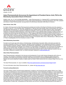 Astex Pharmaceuticals Announces the Appointment of President Harren Jhoti, Phd to the Bioindustry Association Board of Directors