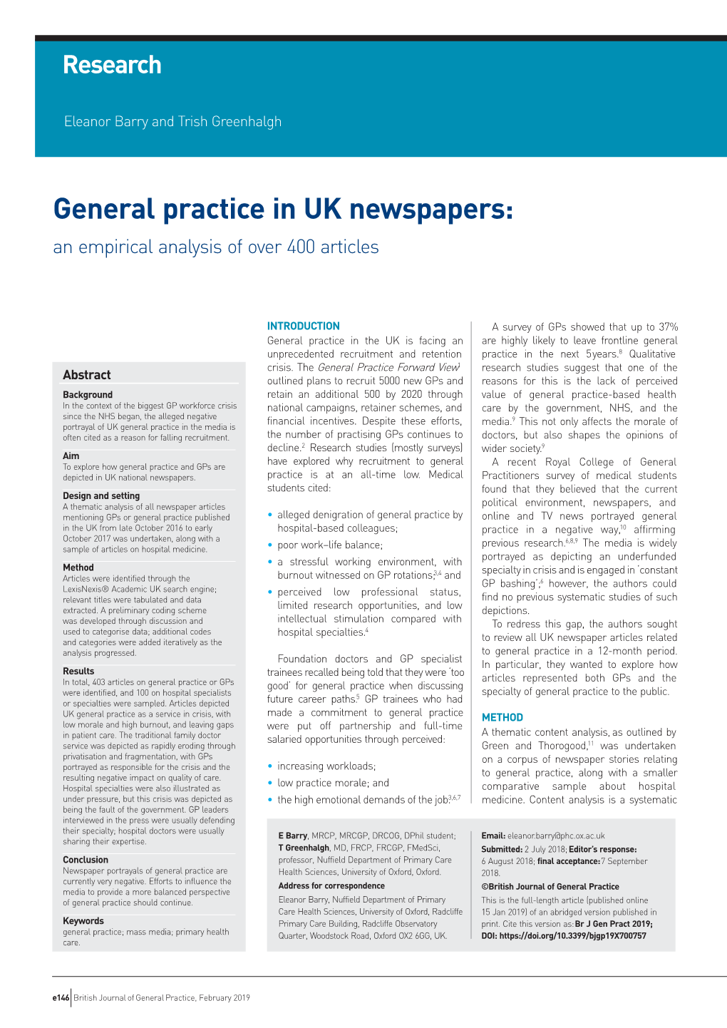 General Practice in UK Newspapers: an Empirical Analysis of Over 400 Articles