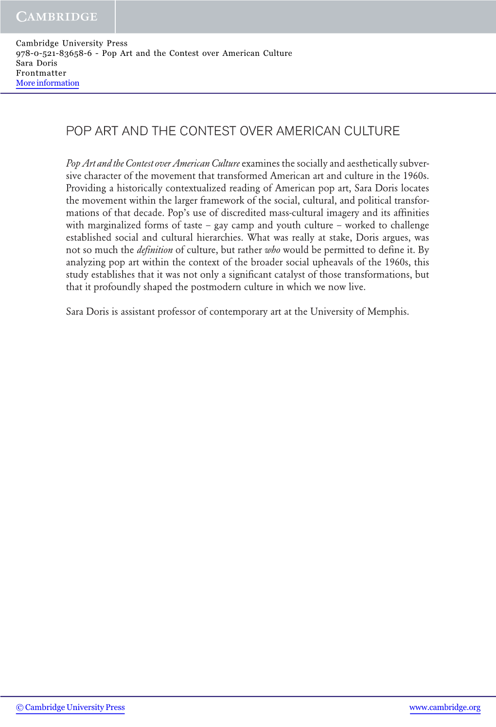 Pop Art and the Contest Over American Culture Sara Doris Frontmatter More Information