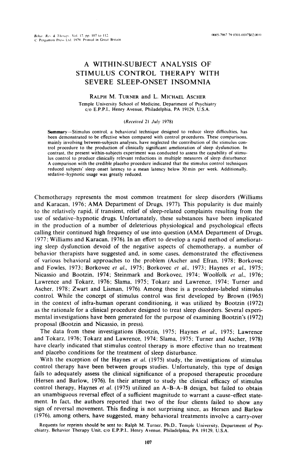 A Within-Subject Analysis of Stimulus Control Therapy with Severe Sleep-Onset Insomnia