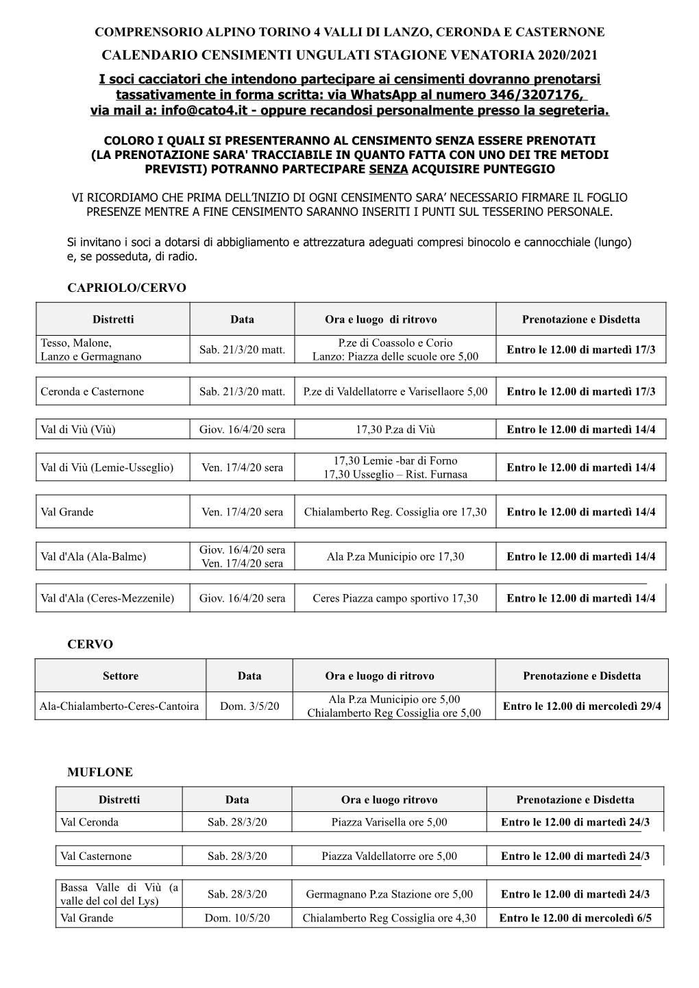 Calendario Censimenti Ungulati Stagione