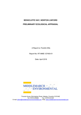 Benscliffe Hay, Newton Linford Preliminary Ecological Appraisal