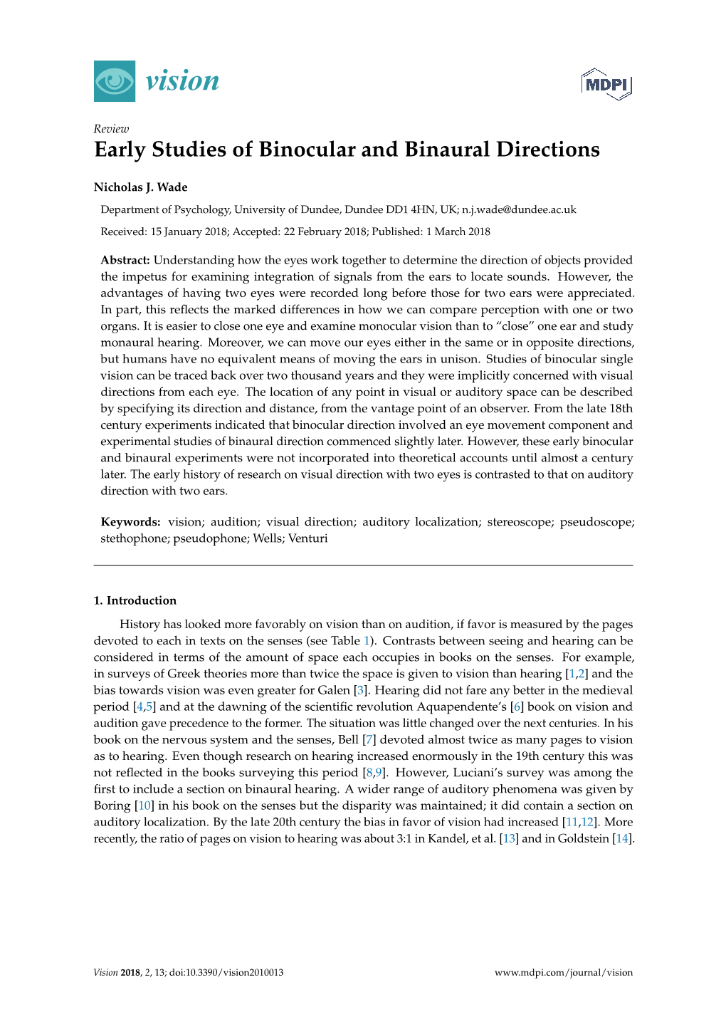 Early Studies of Binocular and Binaural Directions