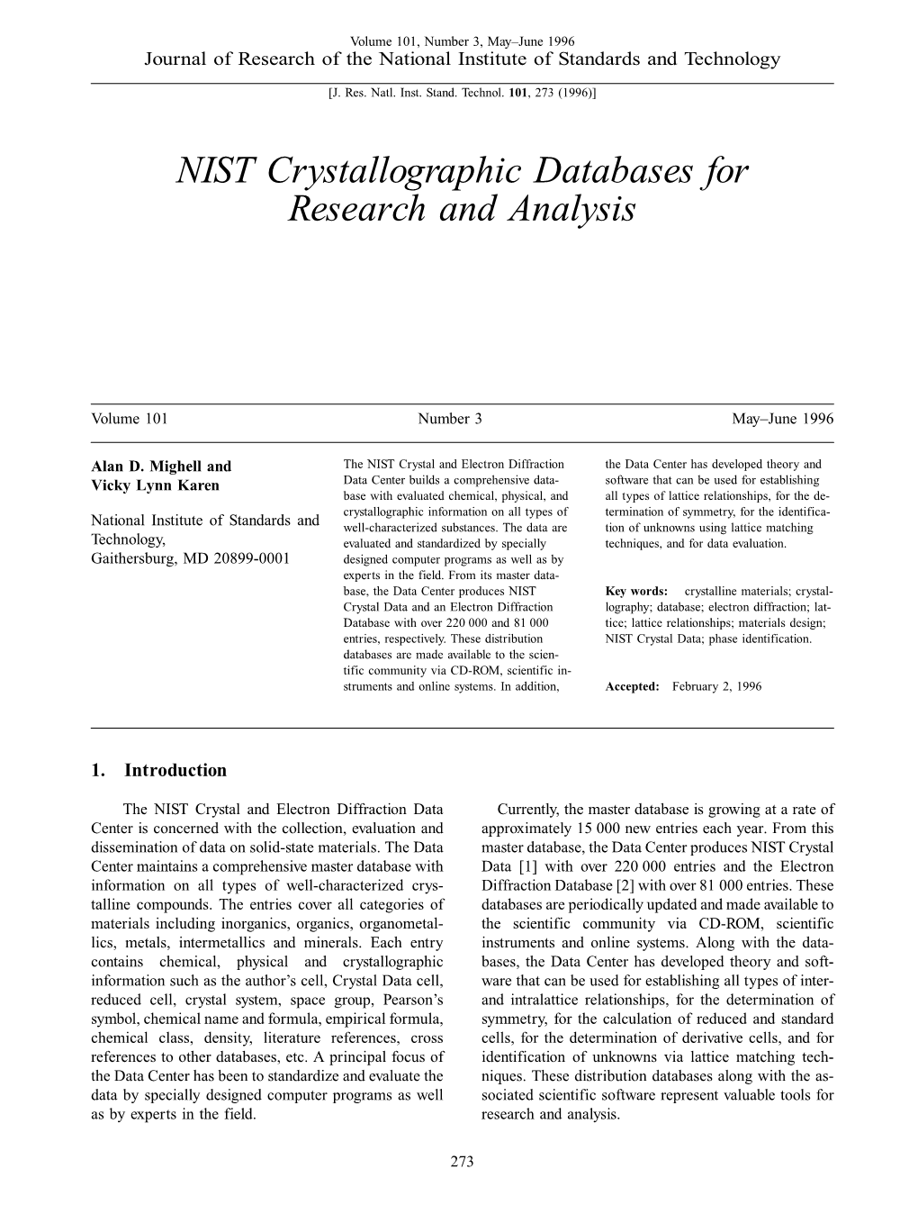 NIST Crystallographic Databases for Research and Analysis