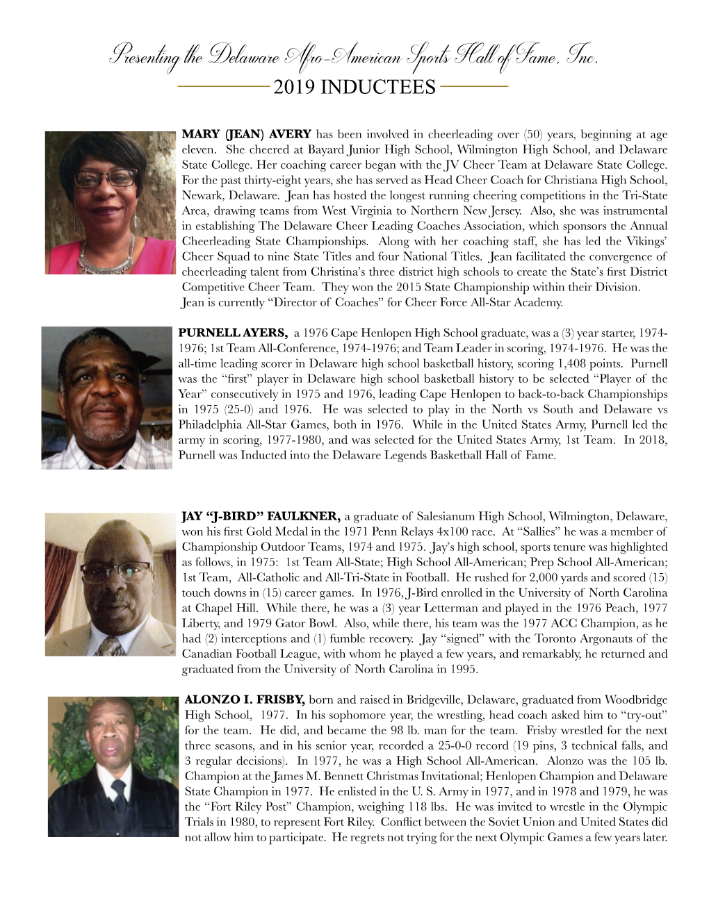 Presenting the Delaware Afro-American Sports Hall of Fame, Inc. 2019 INDUCTEES