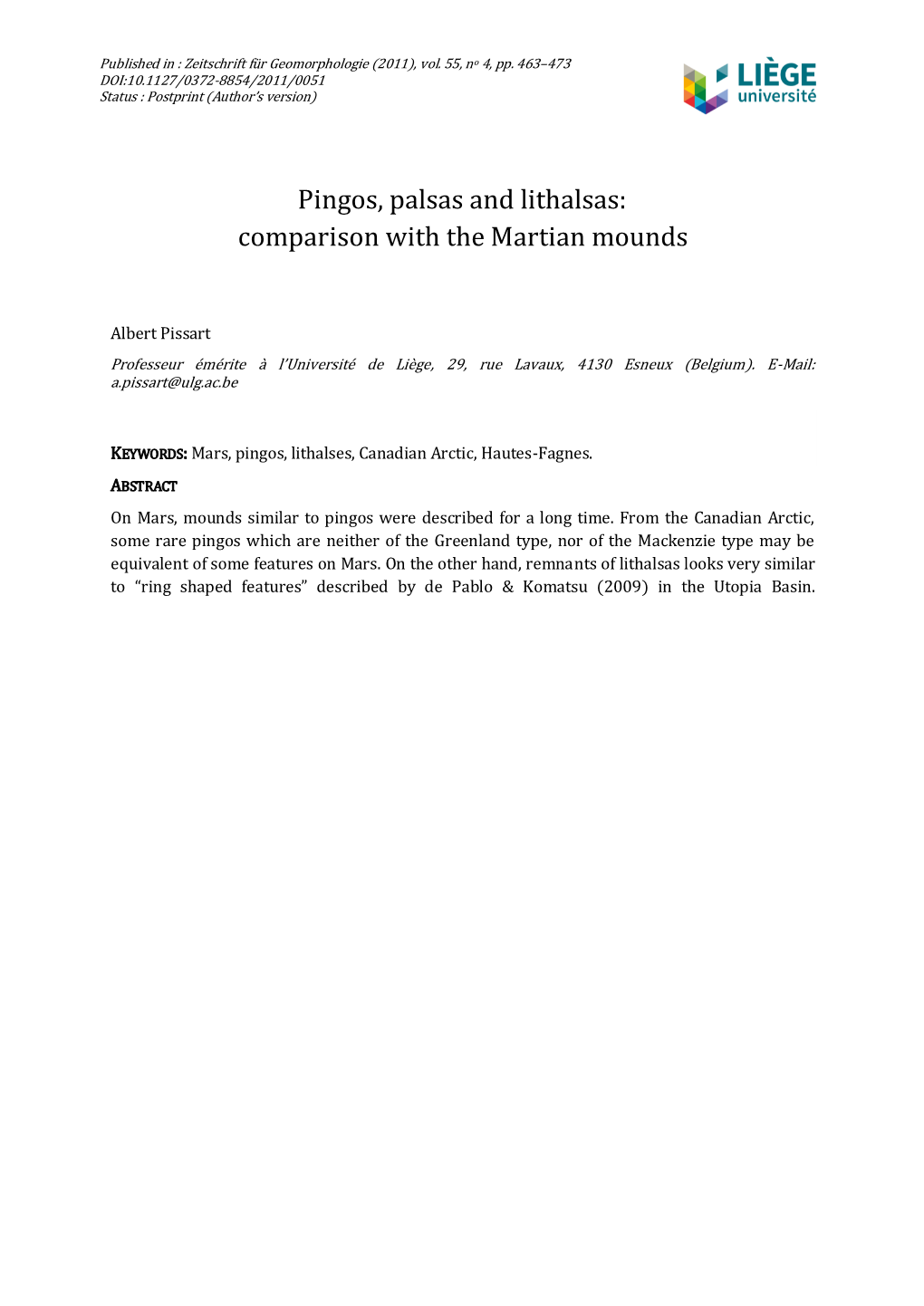 Pingos, Palsas and Lithalsas: Comparison with the Martian Mounds