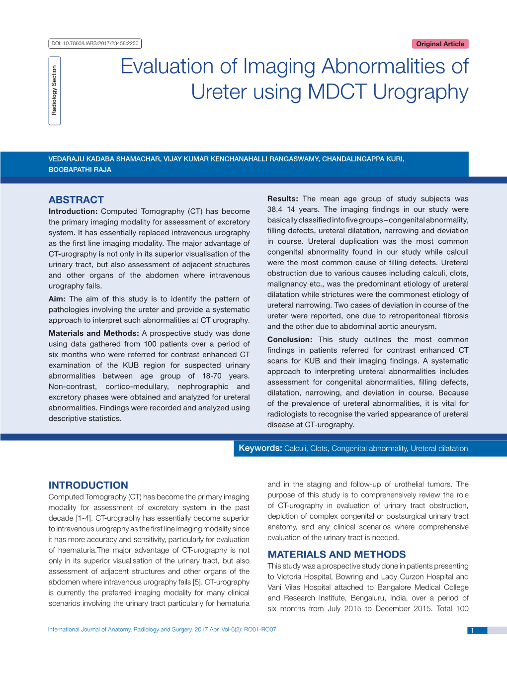 Evaluation of Imaging Abnormalities of Ureter Using MDCT Urography Radiology Section
