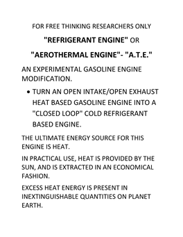 "Refrigerant Engine" Or "Aerothermal Engine"- "A.T.E." an Experimental Gasoline Engine Modification