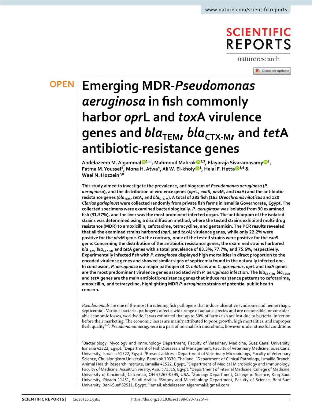 Emerging MDR-Pseudomonas Aeruginosa in Fish Commonly Harbor