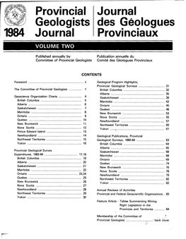 Provincial Geologists I984 J Ou Rna I Journal Des Geologues Provinciaux
