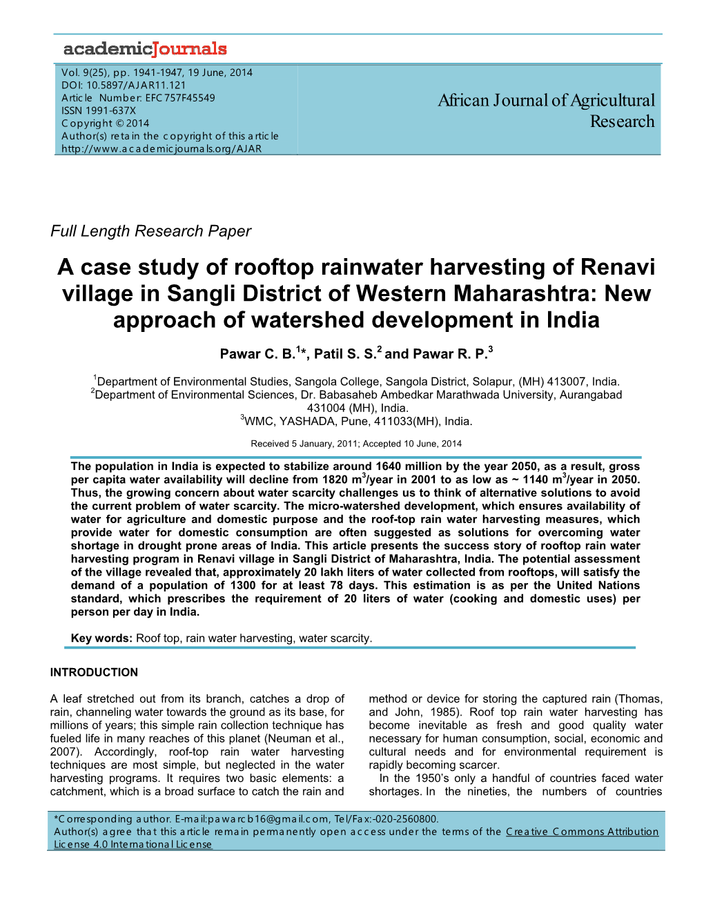 A Case Study of Rooftop Rainwater Harvesting of Renavi Village in Sangli District of Western Maharashtra: New Approach of Watershed Development in India