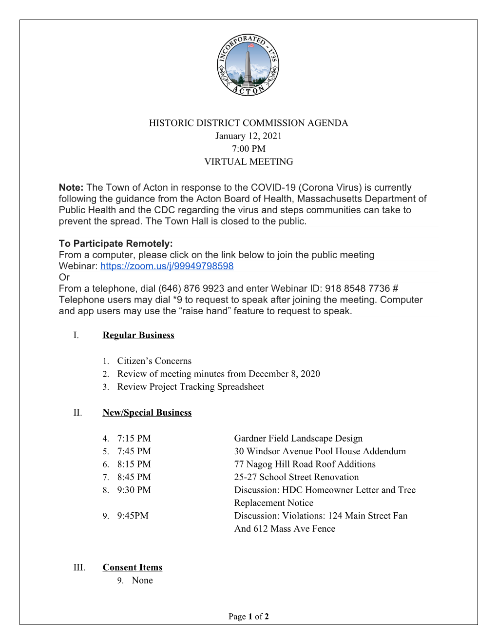 HISTORIC DISTRICT COMMISSION AGENDA January 12, 2021 7:00 PM VIRTUAL MEETING