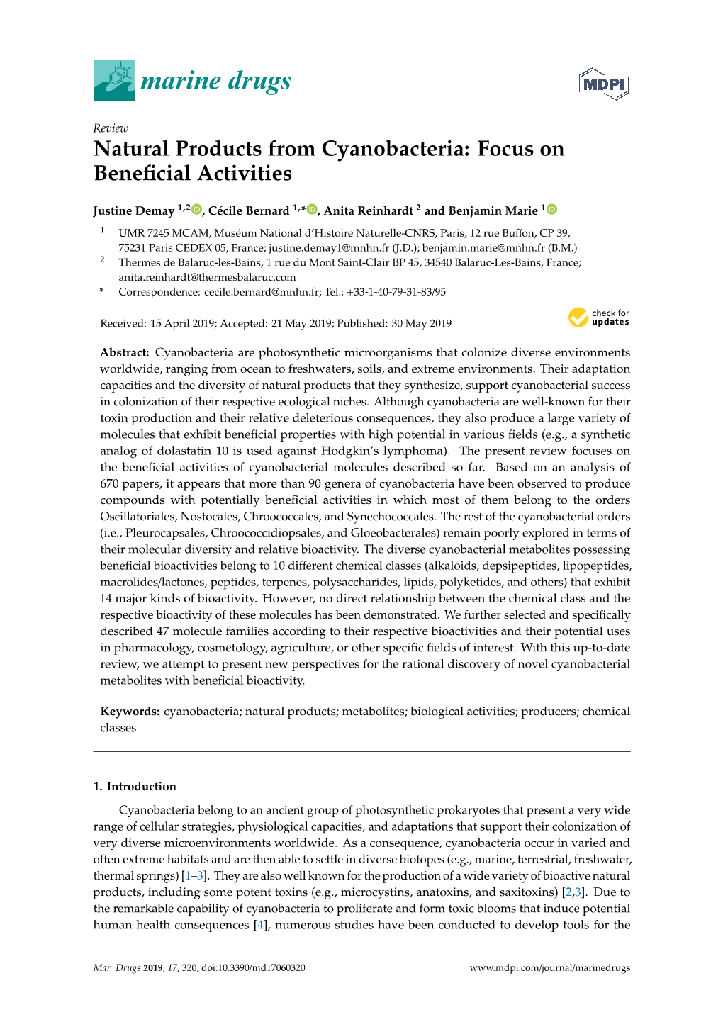 Natural Products from Cyanobacteria: Focus on Beneficial Activities