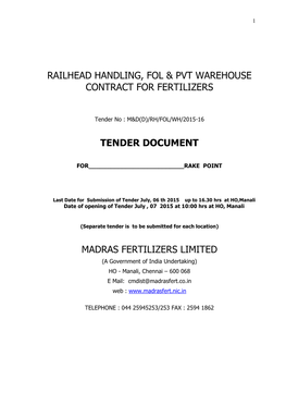 Railhead Handling, Fol & Pvt Warehouse Contract for Fertilizers Tender Document Madras Fertilizers Limited