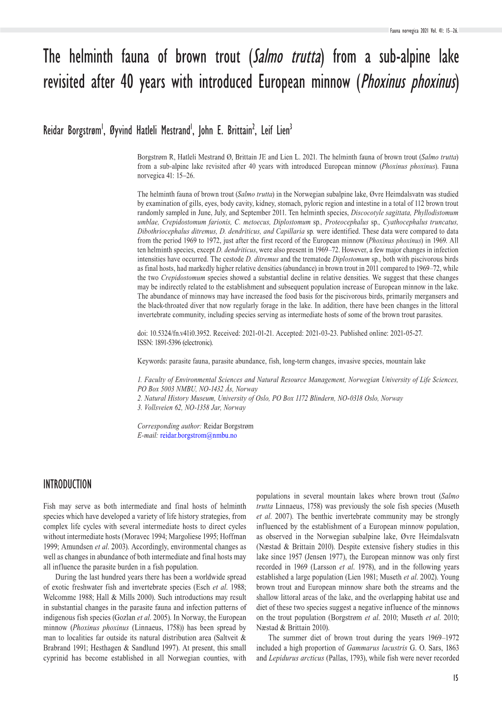 The Helminth Fauna of Brown Trout (Salmo Trutta) from a Sub-Alpine Lake Revisited After 40 Years with Introduced European Minnow (Phoxinus Phoxinus)