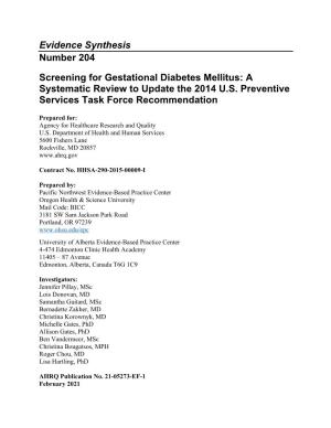 Screening for Gestational Diabetes Mellitus: a Systematic Review to Update the 2014 U.S