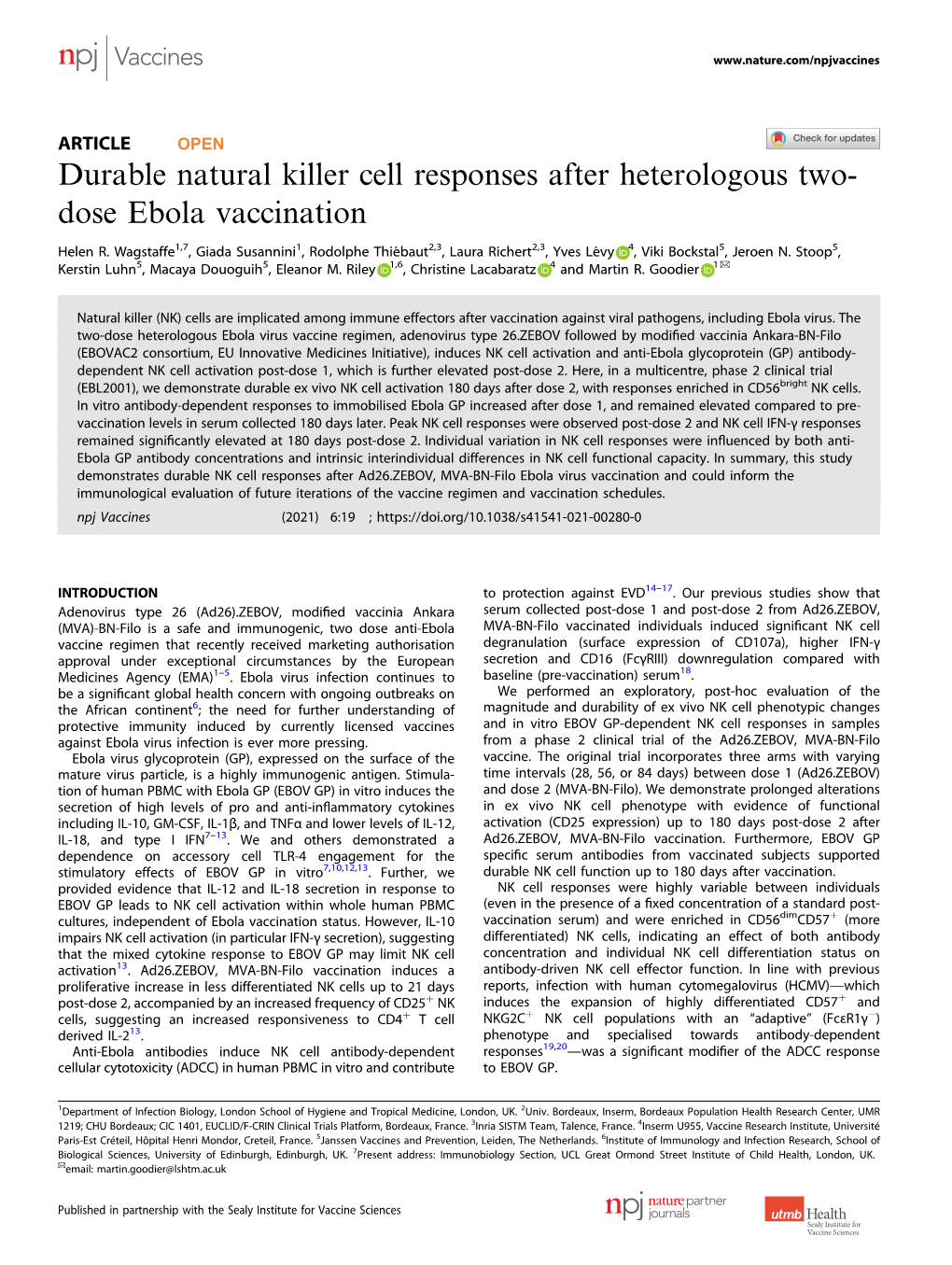 Durable Natural Killer Cell Responses After Heterologous Two-Dose Ebola