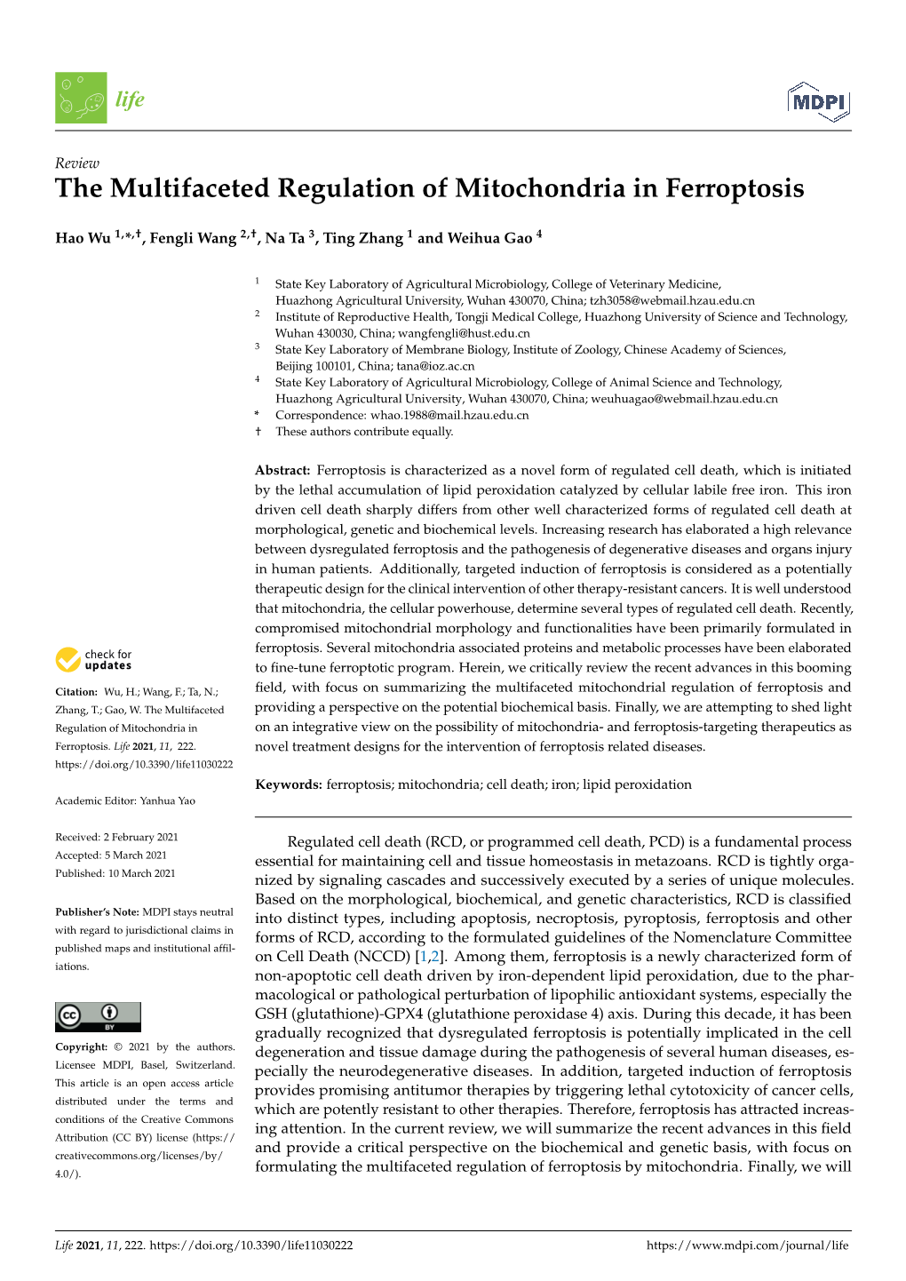 The Multifaceted Regulation of Mitochondria in Ferroptosis