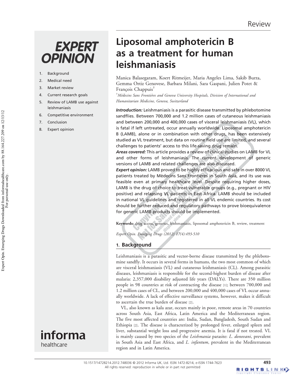 Liposomal Amphotericin B As a Treatment for Human Leishmaniasis 1