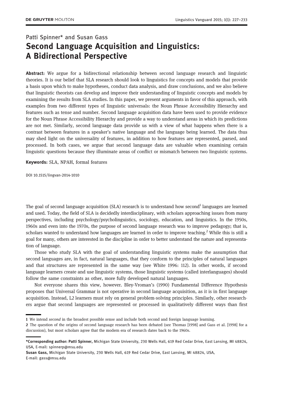 Second Language Acquisition and Linguistics: a Bidirectional Perspective