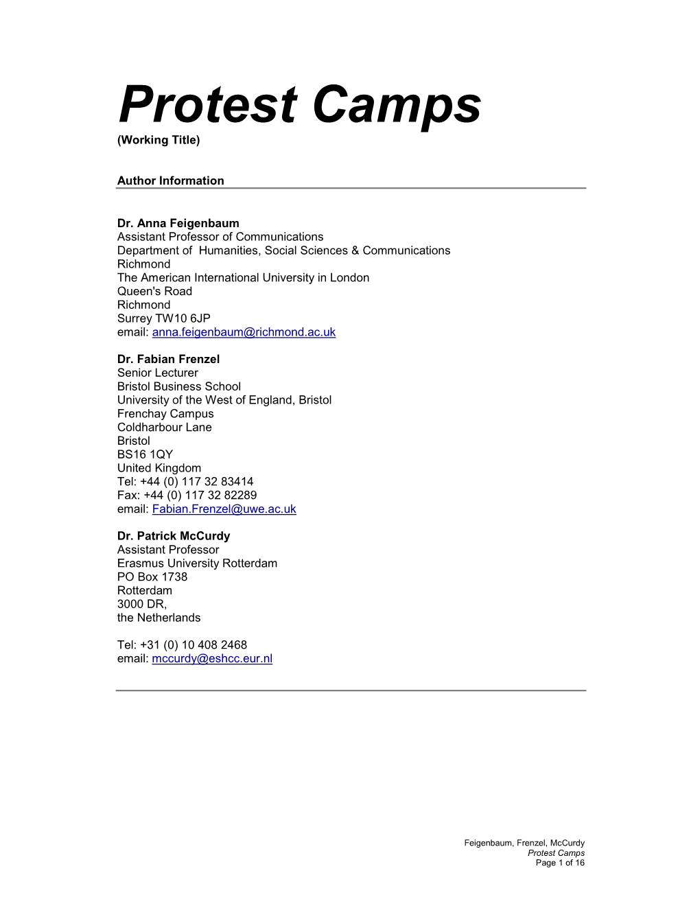 Protest Camps (Working Title)