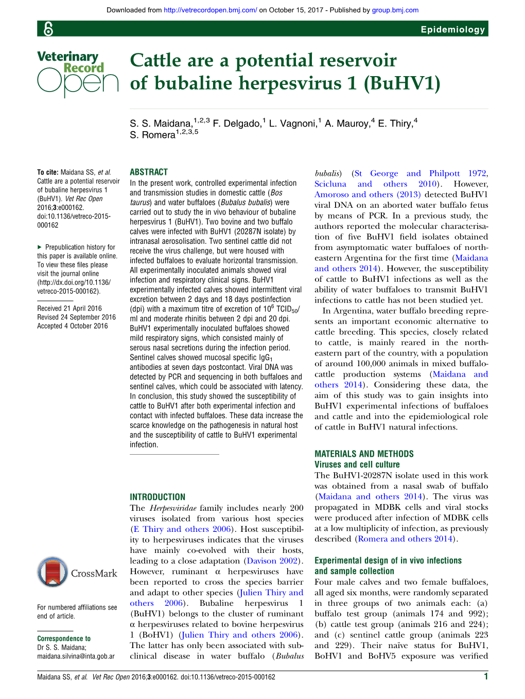 Cattle Are a Potential Reservoir of Bubaline Herpesvirus 1 (Buhv1)